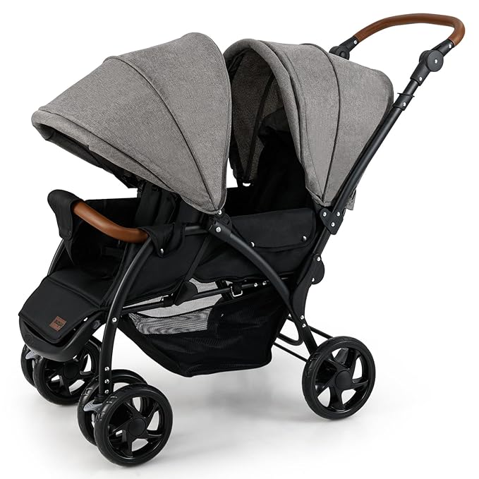 INFANS Double Stroller, Foldable Baby Tandem Stroller with Djustable Backrest Canopy Footrest, 5-Point Harness, Storage Basket, Convertible Compact Twin Stroller for Infants and Toddlers (Light Grey)