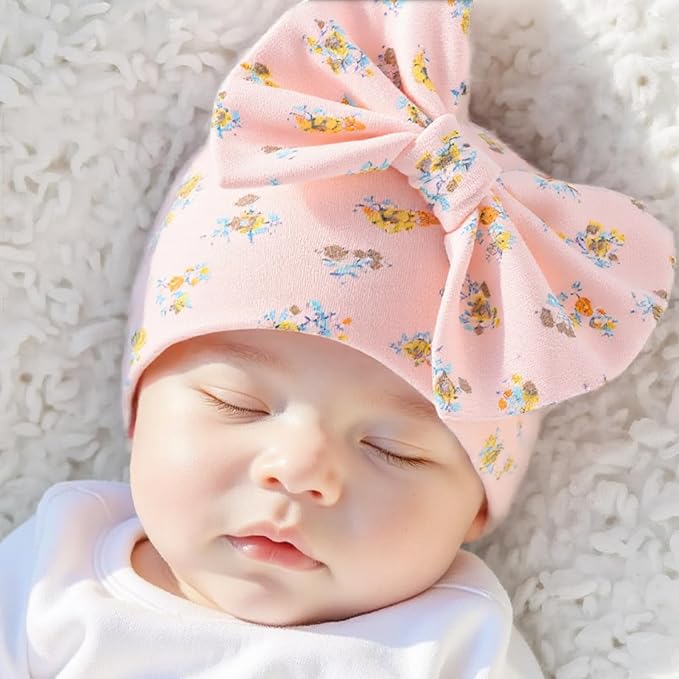 Bamery Newborn Baby Girl Hat Cotton Baby Bow Beanie Preemie Hats Spring Infant Hats for Girls 0-12 Months