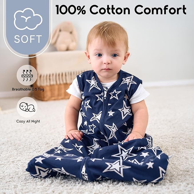Yoofoss Baby Sleep Sack 6-12 Months 0.5 Tog Wearable Blanket for Baby, 3 Pack 100% Organic Cotton Infant Toddler Sleeping Sack 2-Way Zipper Lightweight Sleep Sack