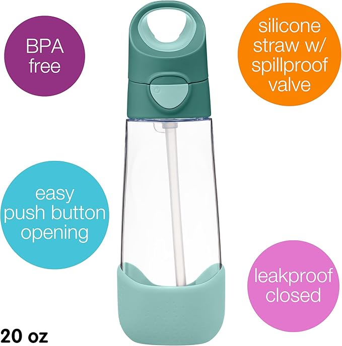 b.box Kids Water Bottle – 20oz Tritan Toddler Drink Bottle with Straw for School, Daycare, Travel w/Easy-Grip Triangular Design, Leak Proof Lid & Handle, BPA Free, Dishwasher Safe (Emerald Forest)