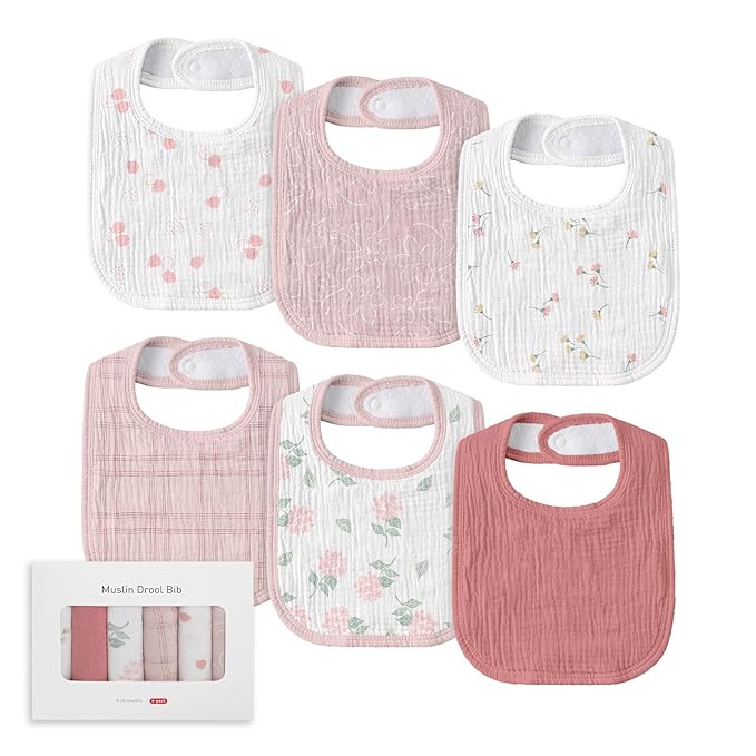 Muslin Baby Drool Bibs for Unisex Boys Girls, 6 Pack Soft Cotton Baby Bib for Teething Drooling, Essentials Shower Gift (6, Pink)