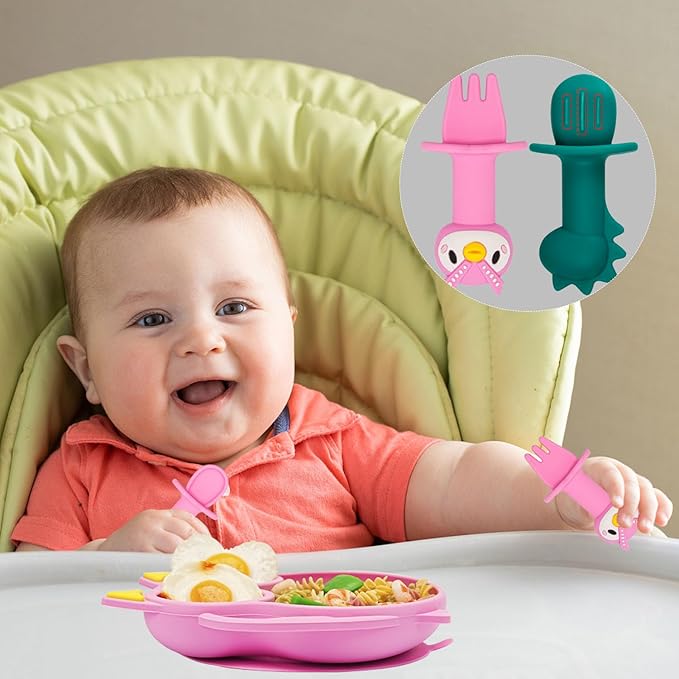 Baby Toddler Silicone Suction Plate with Spoon&Fork And Adjustable Bib Set,Silicone Baby Feeding Utensils Set，Baby Toddler Led Weaning Supplies Set-Pink Owl Set