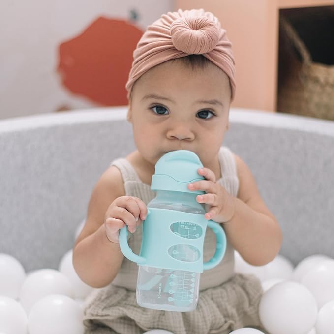 Dr. Brown's Milestones Wide-Neck Sippy Straw Bottle with 100% Silicone Handles and Weighted Straw, 9 oz/270 mL, Green, 6m+