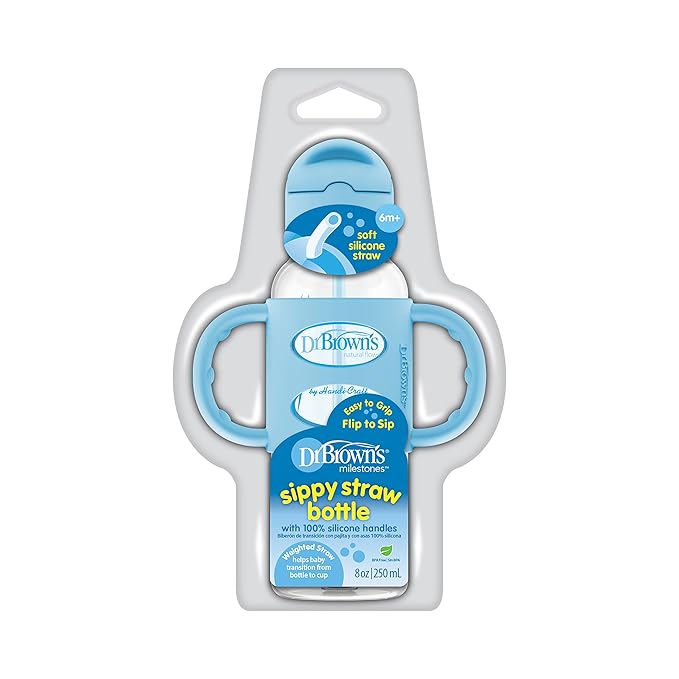 Dr. Brown's Milestones Narrow Sippy Straw Bottle, Spill-Proof with 100% Silicone Handles and Weighted Straw, 8 oz/250 mL, Blue, 6m+