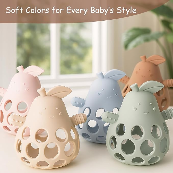 Baby Teething Toy Silicone Teether for Infants, Pear-Shaped Design with Easy-Grip Hole and Nipple-Shaped Ends for Gum Massage & Sensory Development, BPA-Free Safe Baby Chew Toy YIVEKO-Ivory+Sage