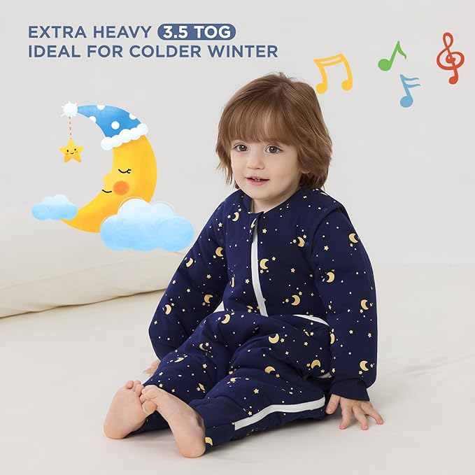 Duomiaomiao 3.5 TOG Toddler Sleep Sack 2-3T 100% Cotton Winter Side Open Zipper Baby Sleep Sack with Feet, Warm Toddler Wearable Blanket