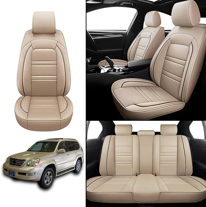 Car Seat Cover for Lexus Car gx470 2003-2009 | 5-Seats Leather Seat Covers, Easy to Install Automotive Seat Covers Full Set (Full Set, Beige)