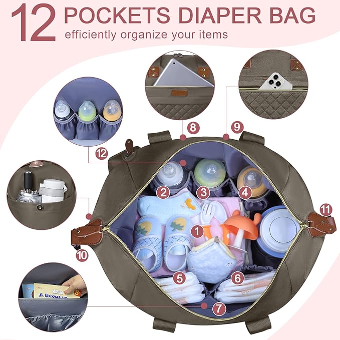 Pritent Diaper Bag Tote, Diaper Baby Bags with Pacifier Case, Shoulder Straps, Stroller Clips, Waterproof Large Mommy Bag Maternity Bag Travel Baby Bag for Mom and Dad, khaki