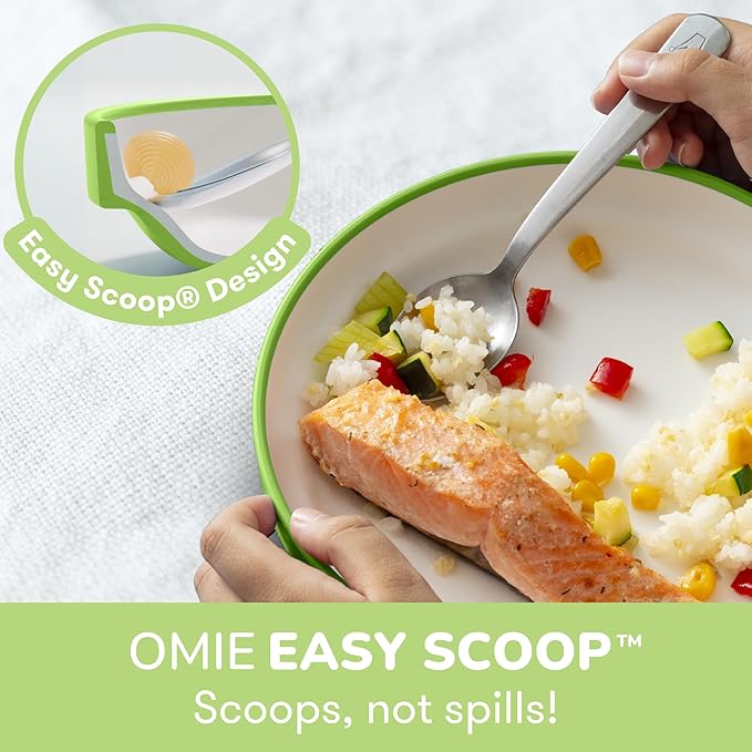 Omie® Easy Scoop Plates for Kids | Unique Design Helps Food Fall into the Spoon, Not on the Table | Made from Plants | 3 Plates + 2 Silicone Dividers | Green