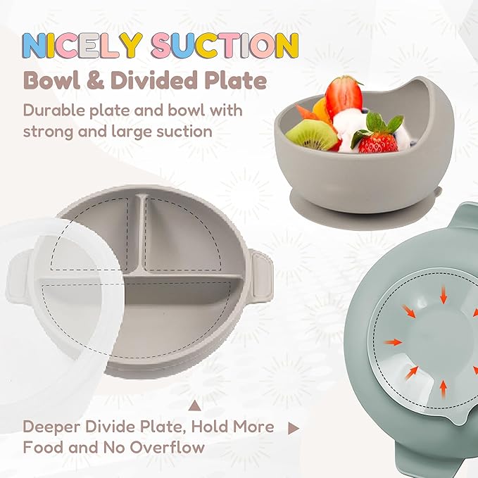Silicone Baby Feeding Set - Perfect silicone plates for baby & Toddler Plates with lids, Baby Bowls with Suction, Baby Utensils - Baby Led Weaning Supplies & Eating Essentials - (Gray)