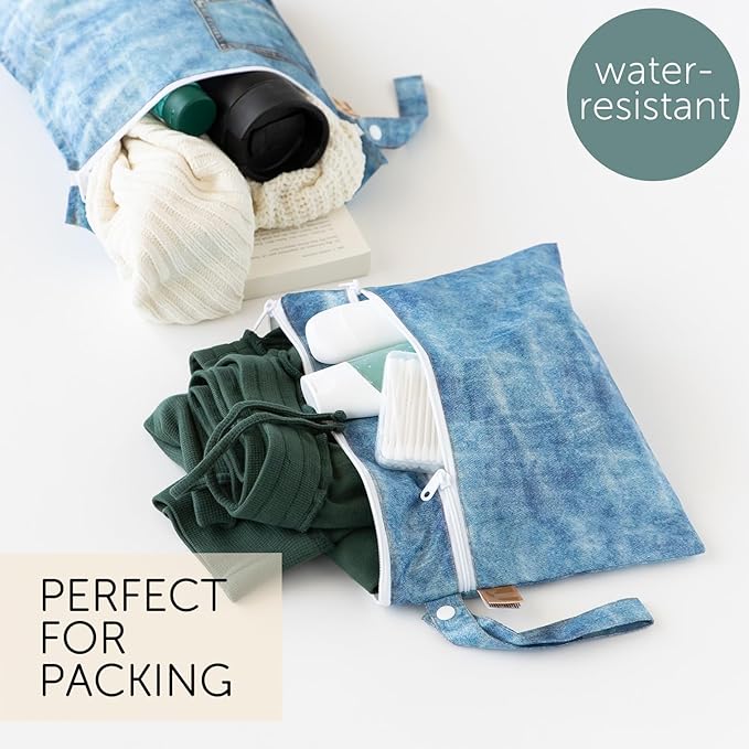 Bumkins Roamio Waterproof Wet Bag & Wet/Dry Clutch Set, Reusable Travel Organizers for Swim, Beach, Gym, Baby Gear, Cloth Diapers, Pump Parts, Pool, Toiletries, Machine Washable, Faux Denim 2-Pack