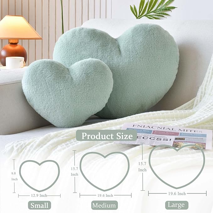 Sage Green Heart Pillows, Cute Heart Decorative Pillow, Heart Shaped Throw Pillows for Bed, Faux Rabbit Fur Plush Hoom Decor Pillow Cushion for Chair Sofa Living Room (Medium-15.7"x11.8")