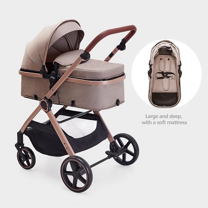 2 in 1 Baby Stroller, Newborn Infant Toddler Convertible Pram Stroller for 0-36 Months Old Babies (Beige)