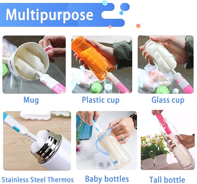 Bottle Brush 8PCS Sponge Cup Brush Set Cup Scrubber Brush Portable Long Handle Water Bottle Cleaner Brush for Baby Bottles Vacuum Flasks Mugs Glasswares (8PCS)