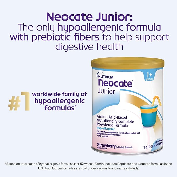 Nutricia Neocate Junior - Hypoallergenic, Dairy-free, Amino Acid-Based Formula for 1+ Years - For Toddlers, Kids & Teens - Powdered Formula - Strawberry - 14.1 oz can (Case of 1)