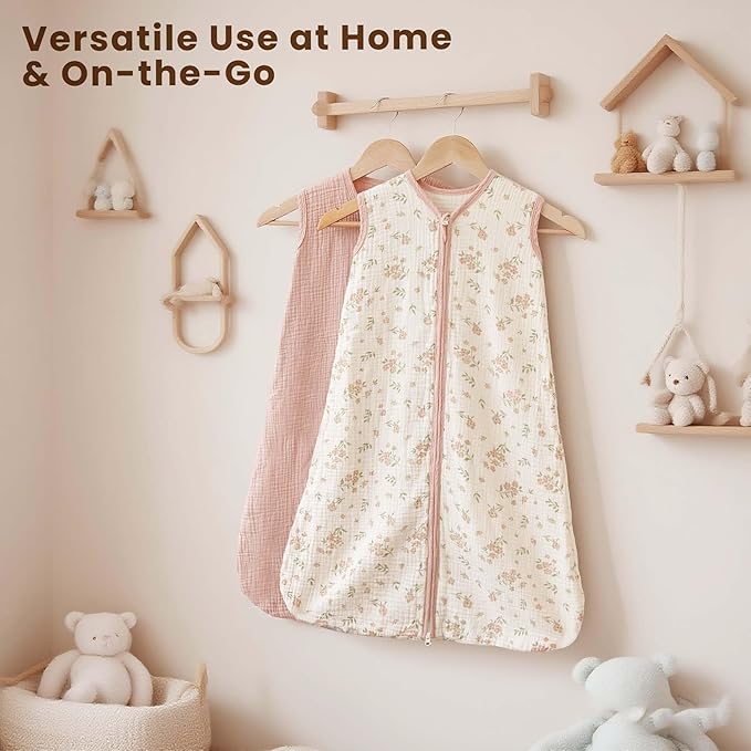 Konssy Muslin Baby Sleep Sack 6-12 Months 0.8 TOG, 2 Pack 100% Cotton Wearable Blanket for Babies, 2-Way Zipper Breathable Sleeping Sack Infant Toddler Essentials for Girls and Boys (Blossom, Pink)