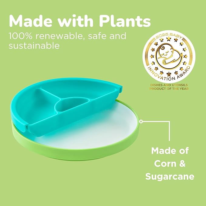 Omie® Easy Scoop Plates for Kids | Unique Design Helps Food Fall into the Spoon, Not on the Table | Made from Plants | 3 Plates + 2 Silicone Dividers | Green