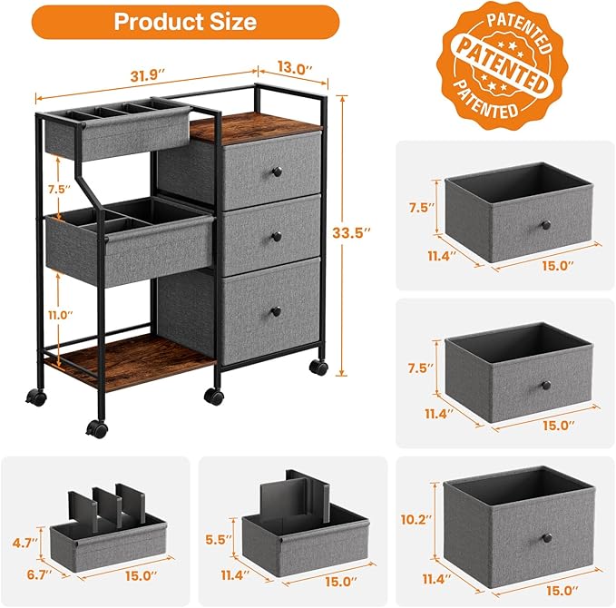 Baby Diaper Caddy Organizer and Storage - 3 Tier Rolling Cart with Dividers and Drawers, Easy To Assemble, Mobile Utility Cart with Wheels for Nursery, Bedroom, Changing Table & Crib