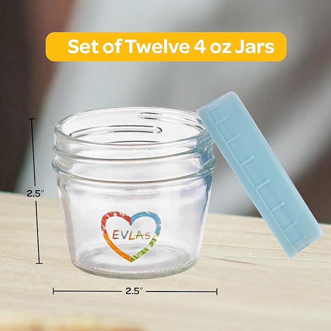 EVLAs Baby Food Containers 12-Pack - 4 oz Glass Jars with Lids - BPA-Free, Microwave, Freezer, and Dishwasher Safe Glass Baby Food Jars or Toddler Snack Containers for Kids Purees or Breastmilk