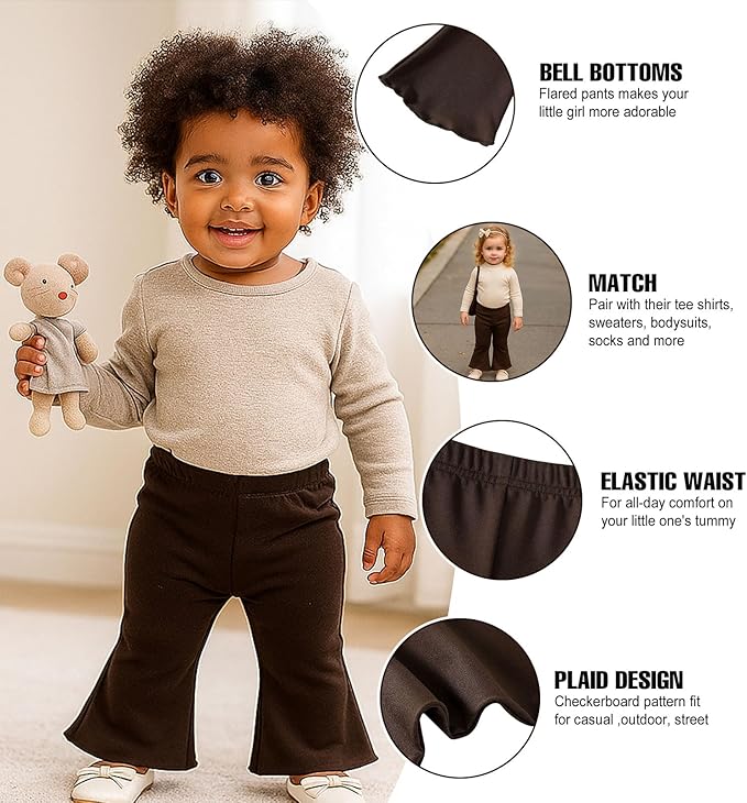SOBOWO Checkered Baby Girl Flare Pants 3 Pack Toddler Bell Bottoms Plaid Ruffle Leggings Pants Fall Winter Outfits Size 6M-4T
