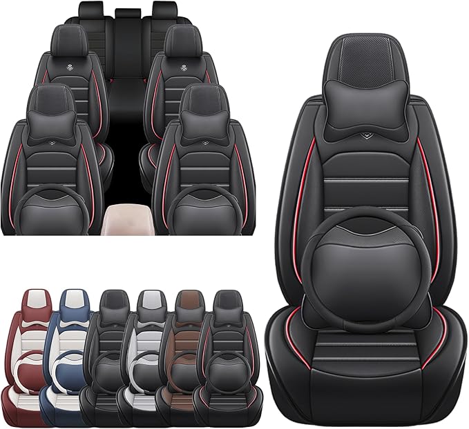 JOJ Car Seat Cover Fit for Toyota Highlander 2001-2025,7 Seat Car Seat Cover,No-Slip Waterproof Breathable Faux Leather,Full Set with Pillow Steering Wheel Covers,Black Red