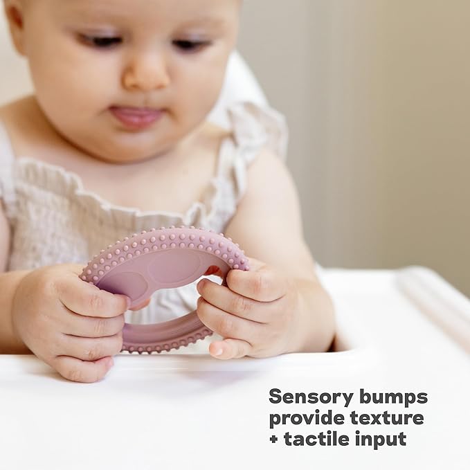 ezpz Oral Development Tools (3 Pack in Blush) - 3 Months+ - Non-Slip Loop, Smile and Stick 100% Silicone Tools - Prepare for Chewing + Solids - Baby-Led Weaning Supplies