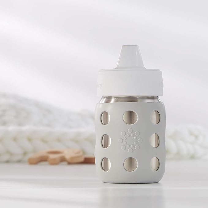 Lifefactory 8-Ounce Stainless-Steel Vacuum-Insulated Wide-Neck Baby Bottle with Hard Sippy, Stone Gray, LS2221WCG4