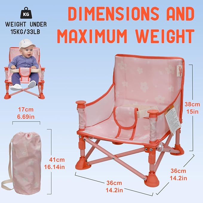 Tiny Marvels Portable 3-in-1 Baby Chair, Cozy Booster Seat, Baby Seat with Tray, Compact Foldable, Toddler Chair with Child Safety Belt Carry Bag, Perfect for Travel (Blush Petals)
