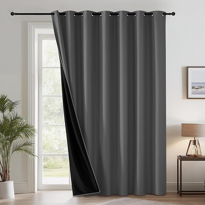 RYB HOME Extra Wide 100% Blackout Patio Door Curtain 96 inch Long, Grommet Room Darkening Room Divider Drapes, Sliding Door Curtains for Living Room/Bedroom Large Window, Grey, W100 x L96