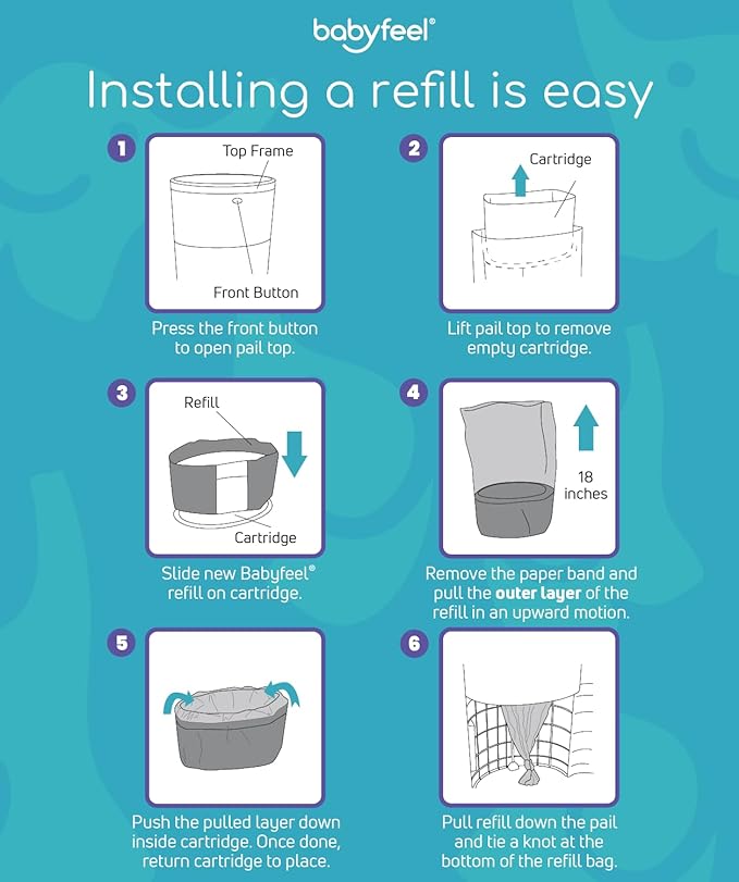Babyfeel Refills Compatible with DEKOR MINI Diaper Pails | 8 Pack | Exclusive 20% Extra Thickness | Diaper Pail Refills with Powerful Odor Elimination | Powder Scent | Holds up to 2640 Diapers