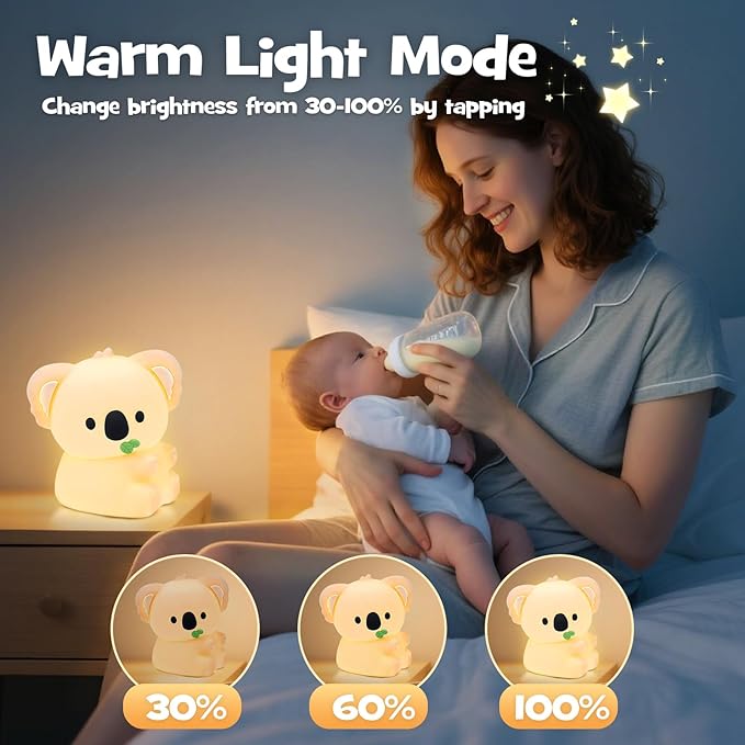 Squishy Koala Night Light with RGB Mode Cute Cuddly Koala Light 3 Brightness Adjustable Nursery Breastfeeding Nightlight Rechargeable Silicone Touch Bedside Animal Lamp for Bedroom Dorm Decor