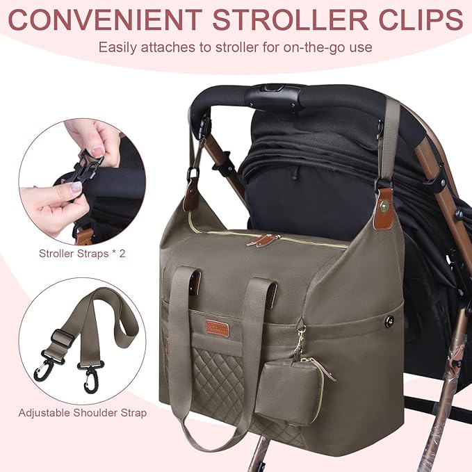 Pritent Diaper Bag Tote, Diaper Baby Bags with Pacifier Case, Shoulder Straps, Stroller Clips, Waterproof Large Mommy Bag Maternity Bag Travel Baby Bag for Mom and Dad, khaki