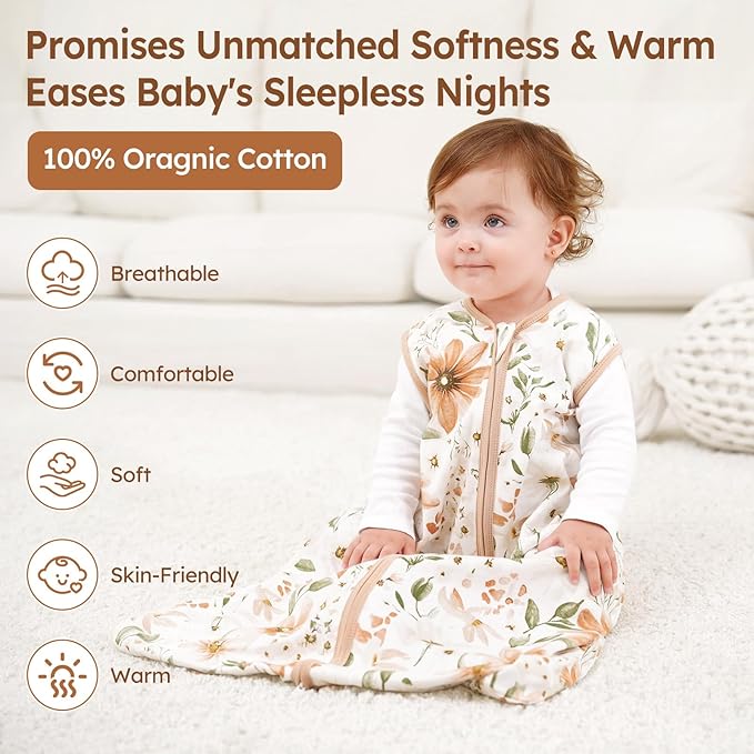 Baby Sleep Sack 6-12 Months 100% Cotton Lightweight 0.5 TOG Wearable Blanket Baby Sleep Bag with 2-Way Zipper for Newborn Infant Orange Flowers