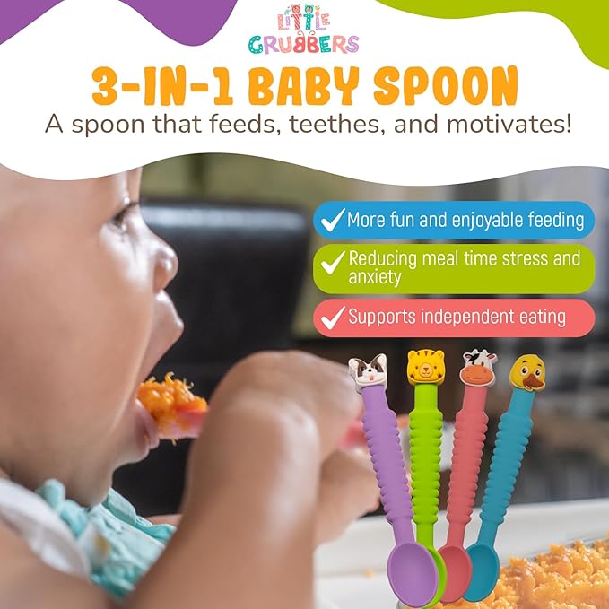 3-in-1 Silicone Baby Spoon Self Feeding 6+ Months - Pediatric OT Designed Teether Spoon, BPA Free Toddler Utensils, Mess-Free, Fun for Baby Led Weaning Supplies, Complete Set