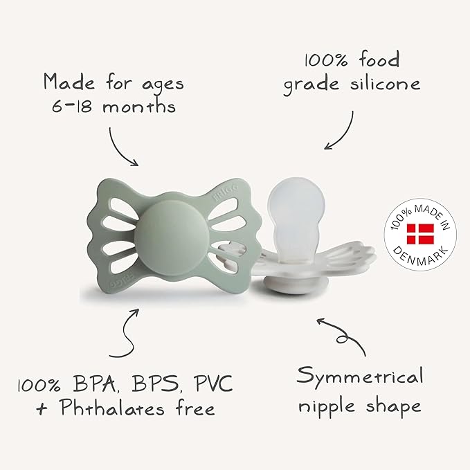 FRIGG Lucky Symmetrical SilkySoft Silicone Baby Pacifier | Made in Denmark | BPA-Free (Pretty in Peach/Primrose, 6-18 Months)