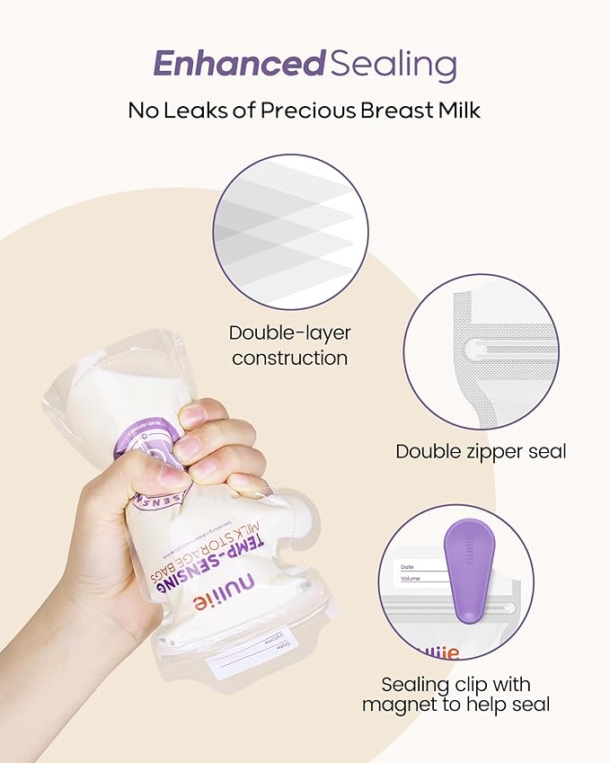 Nuliie 60pcs Temp-Sensing Breastmilk Storage Bag, Huge Temp-Sensing Icon & Locking Clamp, 6oz Breast Milk Storage Bags Freezer Pour Spout, Self Standing Milk Storage Bags Breastmilk, BPA-Free No-Leak