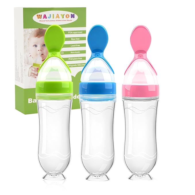 WAJIAYON Baby Food Feeder 3 Pack Silicone Baby Food Dispensing Spoon with Standing Base for Infant- 3 oz Squeeze Feeding Spoons with Suction Cup for Boys Girl Kids Toddlers - Self Feeding Bottle Spoon