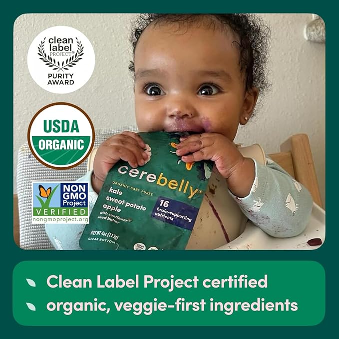 Cerebelly Organic Baby Food Pouches, Kale Sweet Potato Apple Purees, 16 Nutrients, No Added Sugar, Fiber & Non-GMO, 4oz, 6 Pack
