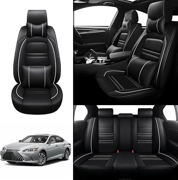Car Seat Covers for Lexus Car es350 2007-2024 | 5-Seats Seat Covers, Waterproof Seat Protectors, Automotive Seat Covers (Full Set with Pillow,Black&White Line)