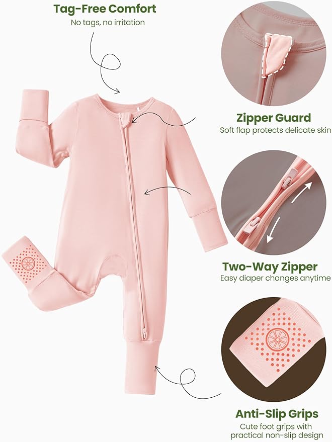 PATPAT Baby Footie Romper with Mittens for Boy and Girl, Anti-Slip & 2-Way Zipper, Long Sleeve, Viscose from Bamboo, Outfit