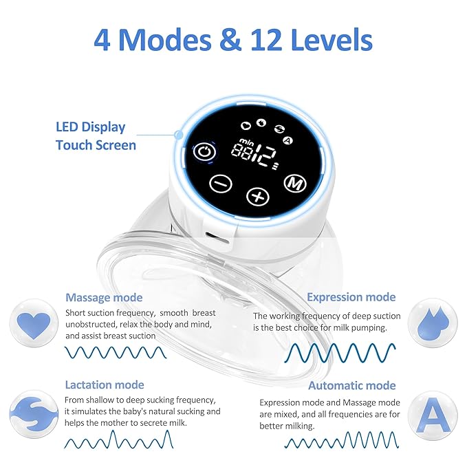 M6 Electric Breast Pump,4 Mode & 12 Levels,LED Display, Wearable Hands-Free Breast Pump,Portable Breast Pump (White 1 PCS)