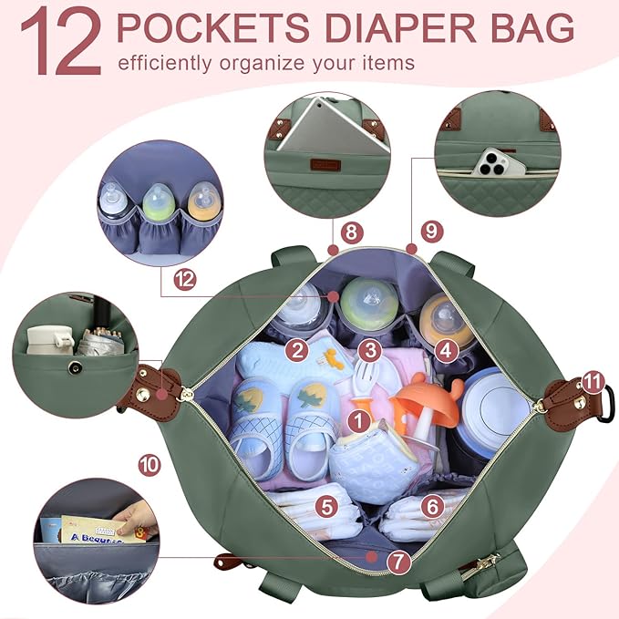 Pritent Diaper Bag Tote - Diaper Baby Bags with Pacifier Case, Shoulder Straps, Stroller Clips, Waterproof Large Mommy Maternity Travel Baby Bag for Mom and Dad, Green, Medium