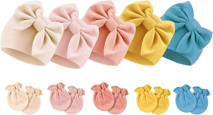 BQUBO Newborn Baby Girls Hats Mittens Set Hospital Hat Beanie Infant Bow Hats Baby Cotton Gloves for 0-6 Months