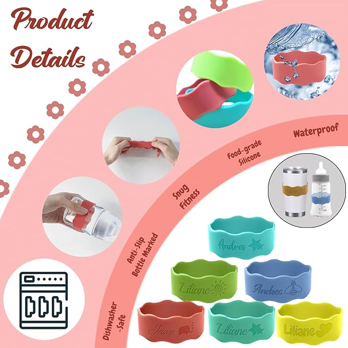 Personalized Baby Bottle Labels for Daycare Custom Water Bottle Name Bands Customized Engraved Silicone Baby Reusable Bottle Straps Labels for Cups School-Brown