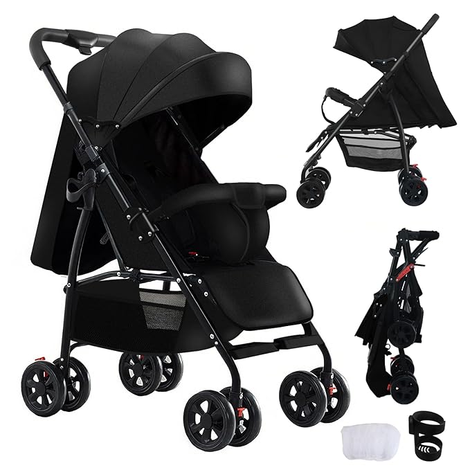 Lightweight Travel Stroller at Only 4.6 kg, Folding Compact Pushchair with Multi-Position Recline, Babies and Toddlers Pram from Birth, Baby Buggy with Cup Holder, Canopy (A8 Black)