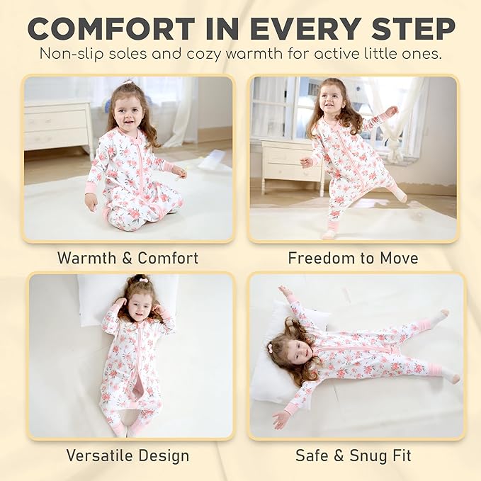 Mama Cheetah Toddler Sleep Sack with Feet, Long Sleeve 1.0 TOG Organic Cotton Baby Sleeping Bag with Legs, Wearable Blanket for Walkers with 2-Way Zipper, Toddler Blanket for Girls Boys 6-18 M, 2-Pack