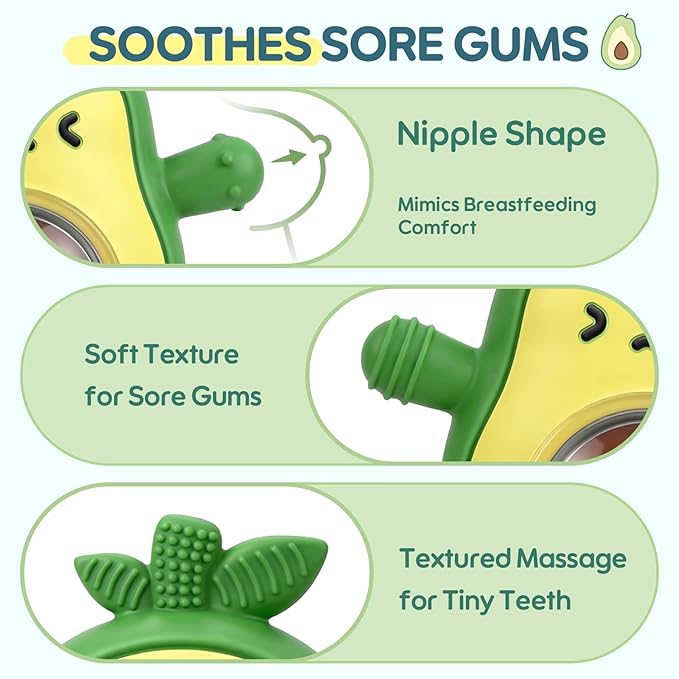 Avocado Baby Teething Toys 3-6 6-12 Months, Baby Teething Mitten with Rattle, Newborn Silicone Teether Chew Toys for Infants 3 6 9 12 18 Months, Baby Shower Gifts for Boys Girls