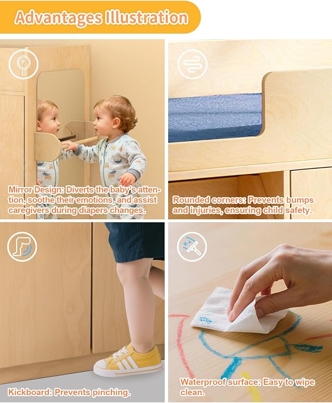 Wooden Baby Changing Table with Mirror, 100% Birch Plywood Toddler Diaper Changing Station with Stairs & Storage, Montessori Furniture for Daycare, Nursery, Home, School