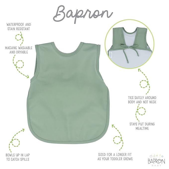 BapronBaby Minimalist Sage Bapron - No Neck Tie Safer Bib for Baby & Toddler - Soft Waterproof Stain Resistant - Machine Washable - Sz Preschool 3-5yrs