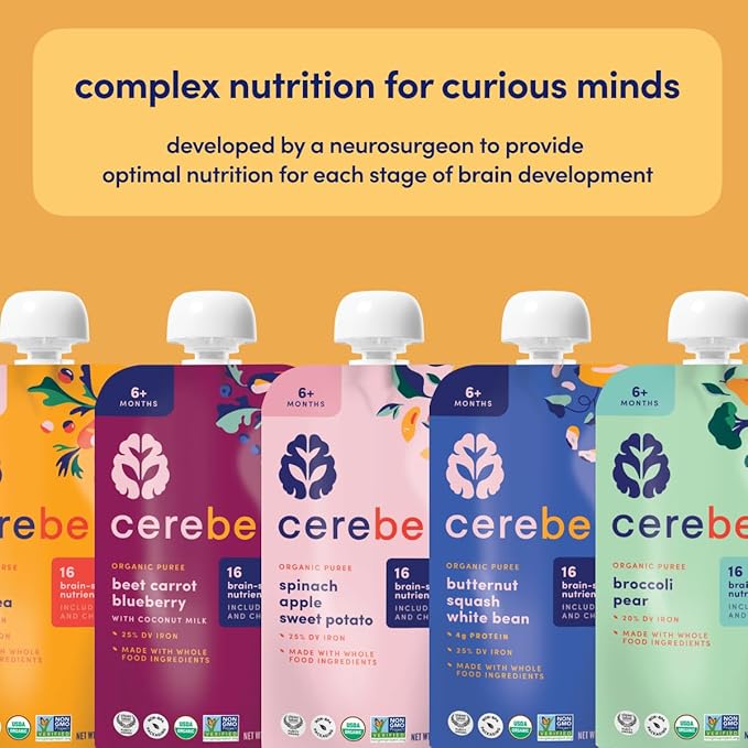 Cerebelly Organic Baby Food Pouches, Carrot Chickpea Purees, 16 Nutrients, No Added Sugar, Fiber & Non-GMO, 4oz, 12 Pack
